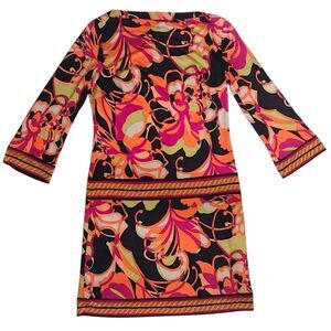 Trina Turk Retro Patterned 3/4 Sleeve Silk Midi Dress, Size 6, Multicolored